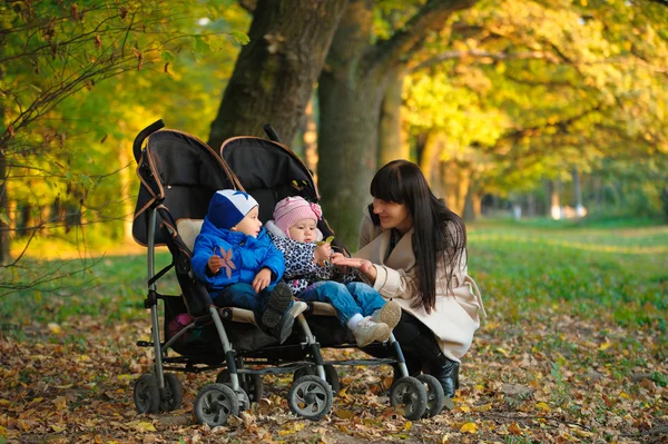 Madre con niños gemelos en un paseo por el parque de otoño — Foto de Stock