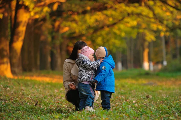 Mãe com filhos gêmeos em um passeio no parque de outono — Fotografia de Stock