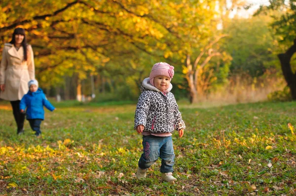 Madre con niños gemelos en un paseo por el parque de otoño —  Fotos de Stock