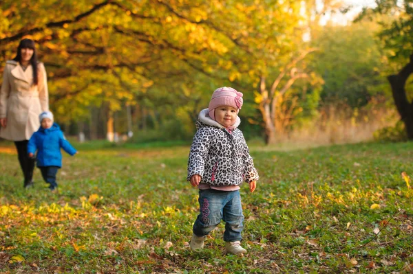 Mother with children twins on a walk in the autumn park — Stock Photo, Image