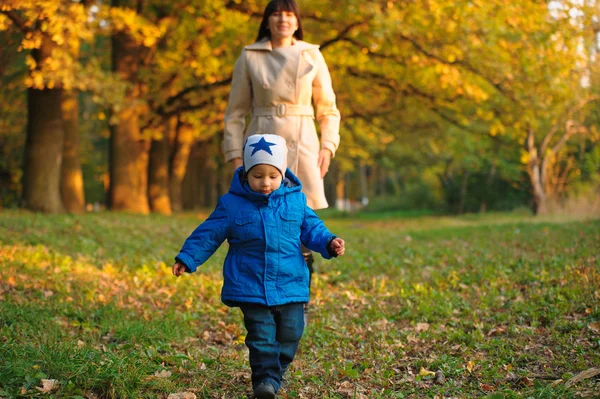 Madre con el niño en un paseo por el parque de otoño — Foto de Stock