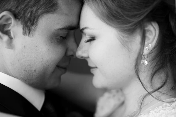 Black-and-white portrait of the bride and groom close — Stock Photo, Image