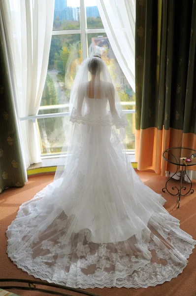 Beautiful bride with long veil — Stock Photo, Image