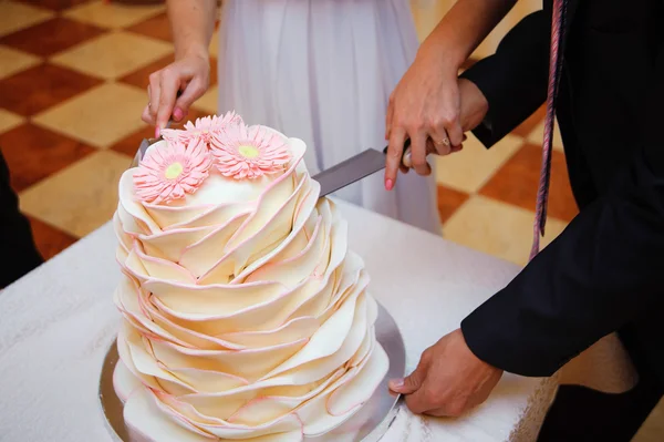 Жених и невеста на свадьбе Прием резки свадебный торт — стоковое фото