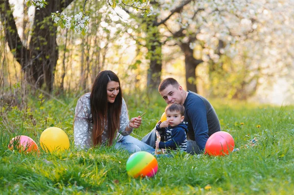 Young family with son in the garden — Stock Photo, Image