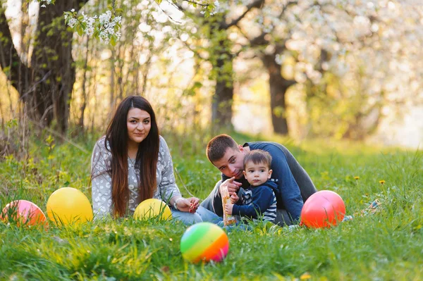 Jonge gezin met zoon in de tuin — Stockfoto