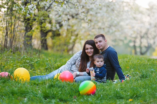 Jonge gezin met zoon in de tuin — Stockfoto