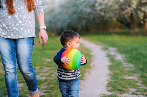 Madre e hijo caminando a lo largo del floreciente jardín de primavera —  Fotos de Stock