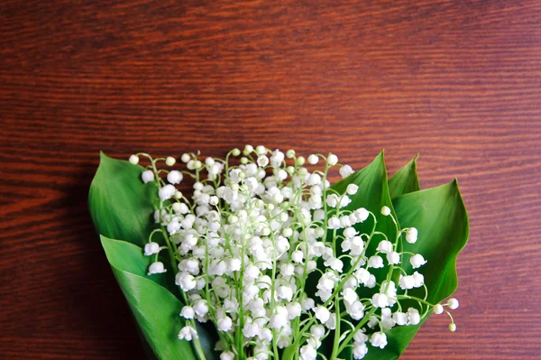 Bouquet of lilies of the valley on the wooden board — Stock Photo, Image