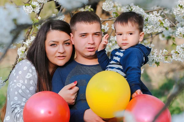 Portret de familie în aer liber în grădina de primăvară înfloritoare cu culoare — Fotografie, imagine de stoc