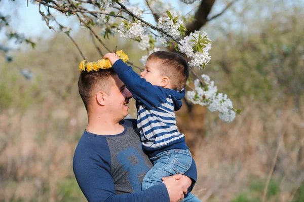 Padre e hijo en el jardín de primavera —  Fotos de Stock