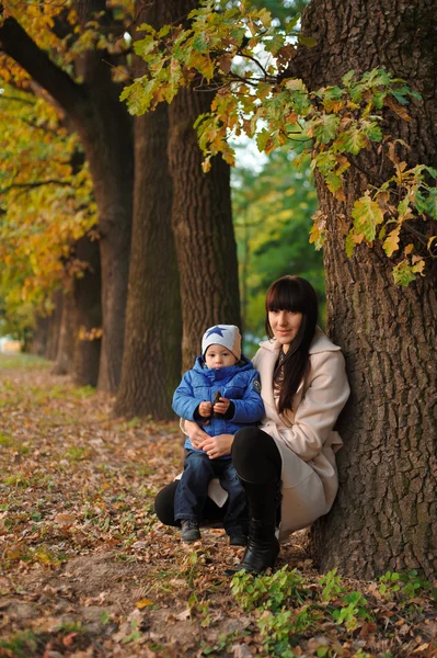 Zoon en moeder in het najaar park — Stockfoto