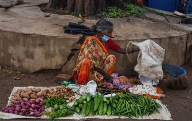 Yaşlı kadınlar Hint sokak tabelasında sebze (limon, sarımsak, ladin parmağı, sivri kabak, kişniş yaprağı, acı kabak, sünger kabağı) satarlar., 