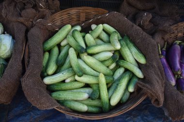 Taze yeşil salatalıklar, lahanalar, sepette brinjal Hint sokak pazarında satılması için ayarlanmış.
