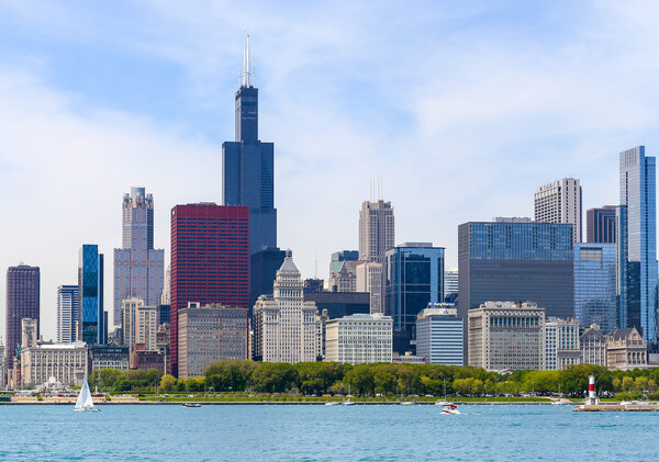 Chicago, USA - May 24, 2014 - Part of Chicago skyline including Willis Tower with Grant Park seen from Lake Michigan.