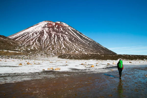 Woman Traveler Tramping New Zealand Hiking Walking Mount Ngauruhoe Active — Stock Fotó