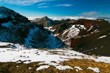 Volcanic landscape, volcanic rocks and mountains near Mt Tongariro, View of the Red Crater active volcano, Tongariro National Park, New Zealand