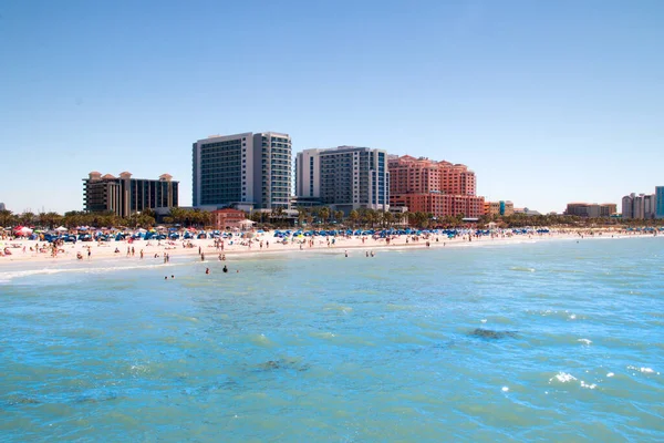 Awesome holidays destination, tropical sandy beach crowded by sunbathing tourists in Clearwater Beach, Florida with holiday resorts and beachfront hotels architecture