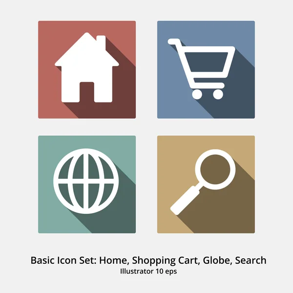 Grundlegendes Icon-Set: Startseite, Warenkorb, Globus, Suche, flaches Design — Stockvektor