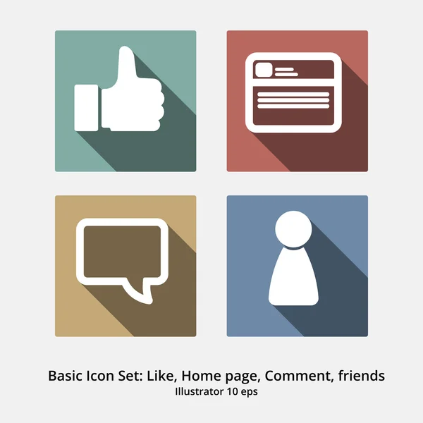 Ensemble d'icônes basiques : J'aime, Page d'accueil, Commentaire, Amis — Image vectorielle
