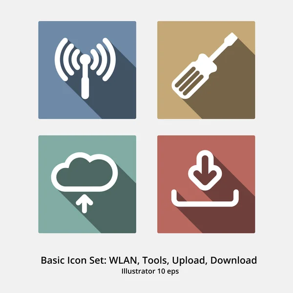 Ensemble d'icônes de base : WLAN, Outils, Télécharger, Télécharger — Image vectorielle