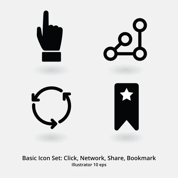 Fundamentele Icon Set: Klik op Hand, netwerk, delen, Bookmark — Stockvector