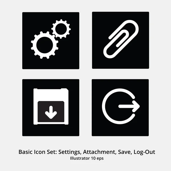 Set de iconos básicos: configuración, archivo adjunto, guardar, cerrar sesión — Vector de stock
