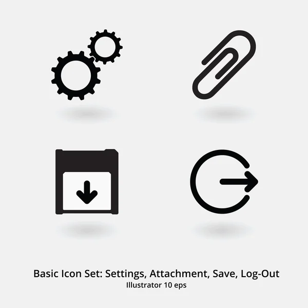 Fundamentele Icon Set: Instellingen, bijlage, opslaan, Log-Out — Stockvector