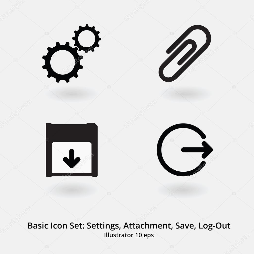 Basic Icon Set: Settings, Attachment, Save, Log-Out
