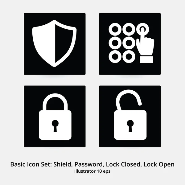 Basic Icon Set: Security - Shield, Code, Lock Closed, Lock Open — Stock Vector