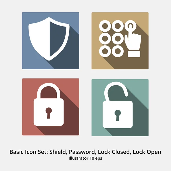 Fundamentele Icon Set: Beveiliging - Shield, Code, Lock gesloten, Lock Open — Stockvector