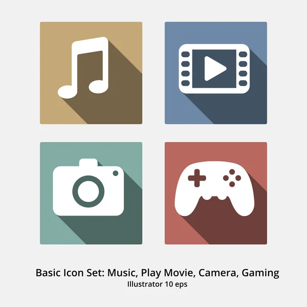Conjunto de ícones básicos: Música, Jogar Filme, Câmera, Jogos — Vetor de Stock
