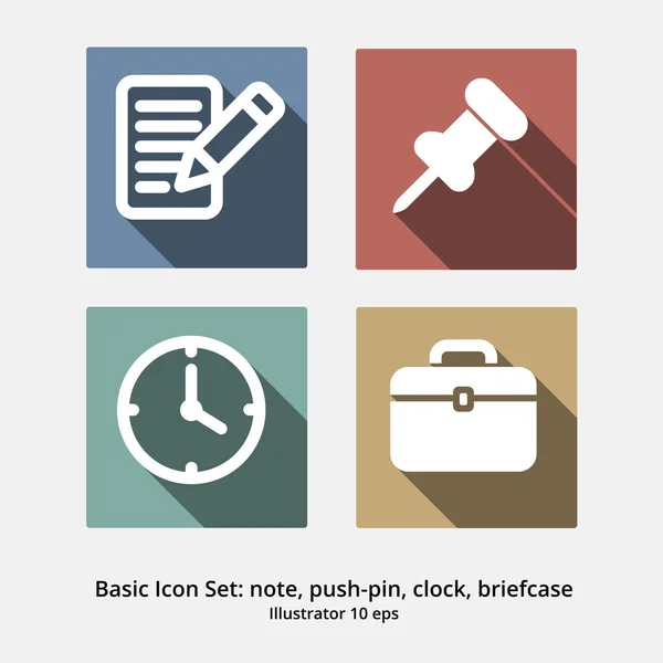 Basic Icon Set: Note, Push Pin, Clock, Briefcase — Stock Vector