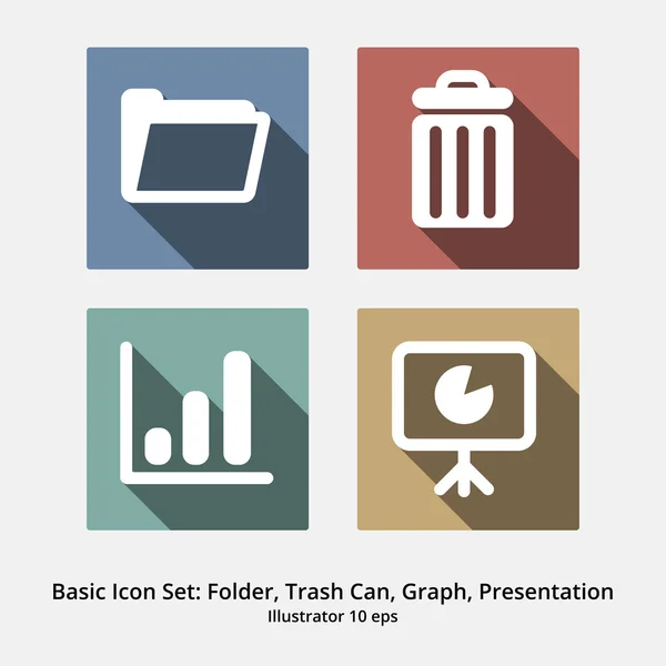 Basic Office Icon Set: Folder, Trash Can, Graph, Presentation — Stock Vector