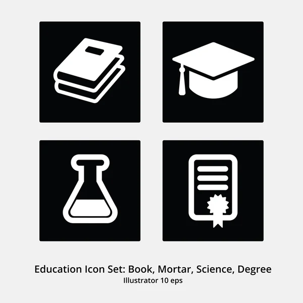 Bildungsikone Set: Bücher, Mörtel, Wissenschaft, Abschluss — Stockvektor
