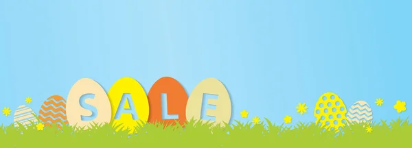 Bannière colorée de vente de Pâques - Oeufs de Pâques mignons, herbe et flowe — Image vectorielle
