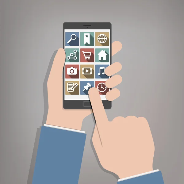 Manos sosteniendo el teléfono inteligente - Diseño plano con el conjunto de iconos — Archivo Imágenes Vectoriales