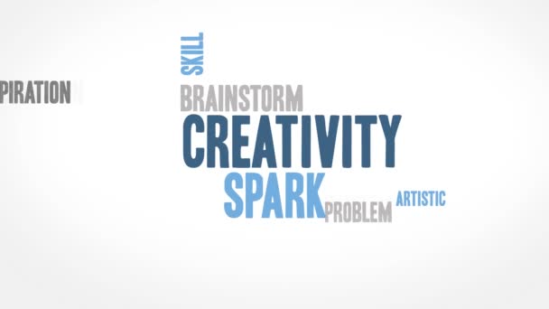 Word Cloud Animation - Kreativität und Inspiration. wordcloud über den kreativen Prozess, grau, blau, weiß, minimaler Film — Stockvideo