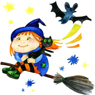 Halloween cadı kız kedi yarasa sinek ile gece suluboya gökyüzü yıldızlara süpürge ayarlayın