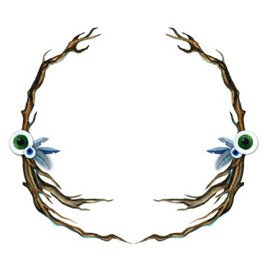 Suluboya çerçeve mavi gri tüy göz dal boho