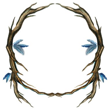 Suluboya çerçeve mavi gri tüy şube boho