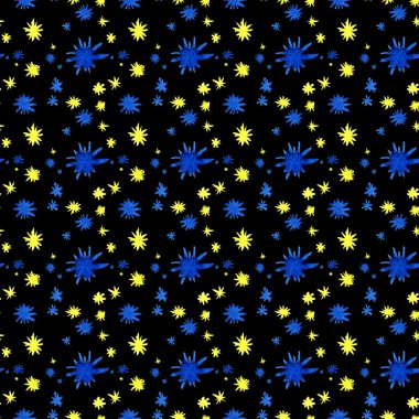 Siyah arka plan üzerine suluboya desen mavi ve sarı yıldız
