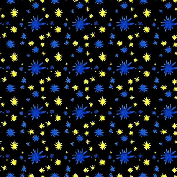 Aquarellmuster blaue und gelbe Sterne auf schwarzem Hintergrund — Stockfoto