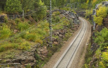 Monrepos Parkı yakınlarındaki demiryolu. Vyborg kasabası. Rusya