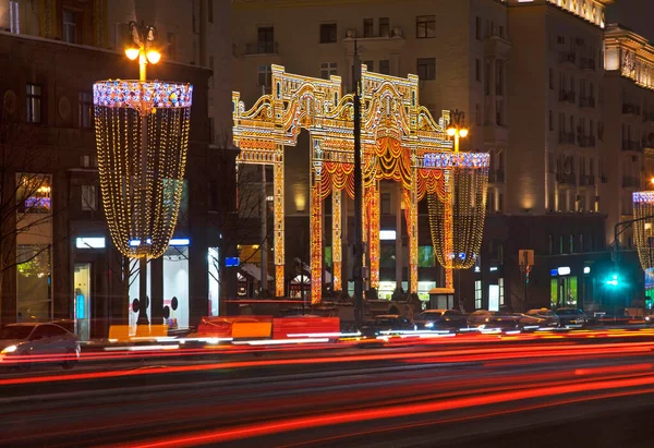 Decoraciones Navideñas Calle Tverskaya Moscú Rusia — Foto de Stock