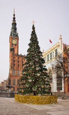 Gdansk 'taki Long Market' in (Dlugi Targ) tatil süslemeleri. Polonya