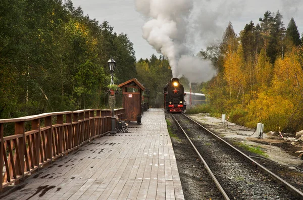 鉄道駅でのRuskeala ExpressマウンテンパークRuskeala カレリア共和国 ロシア — ストック写真