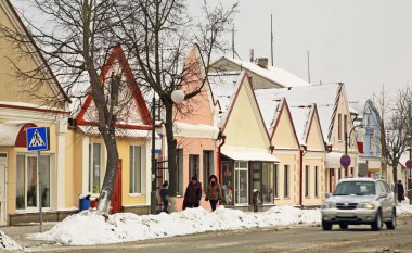 Vawkavysk 'teki Zholudev caddesinde tarihi binalar. Beyaz Rusya