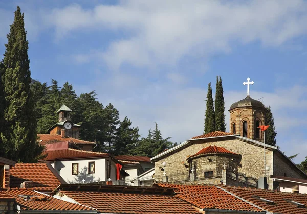 Hodinová Věž Kostel Nanebevzetí Panny Marie Ohridu Makedonie — Stock fotografie