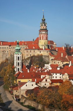 Cesky Krumlov 'un panoramik görüntüsü. Çek Cumhuriyeti